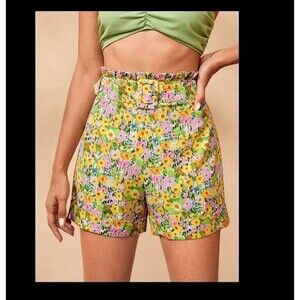 Shein X-Large Floral Paperbag Shorts-Belted-High Rise-All Over Print-Lightweight
